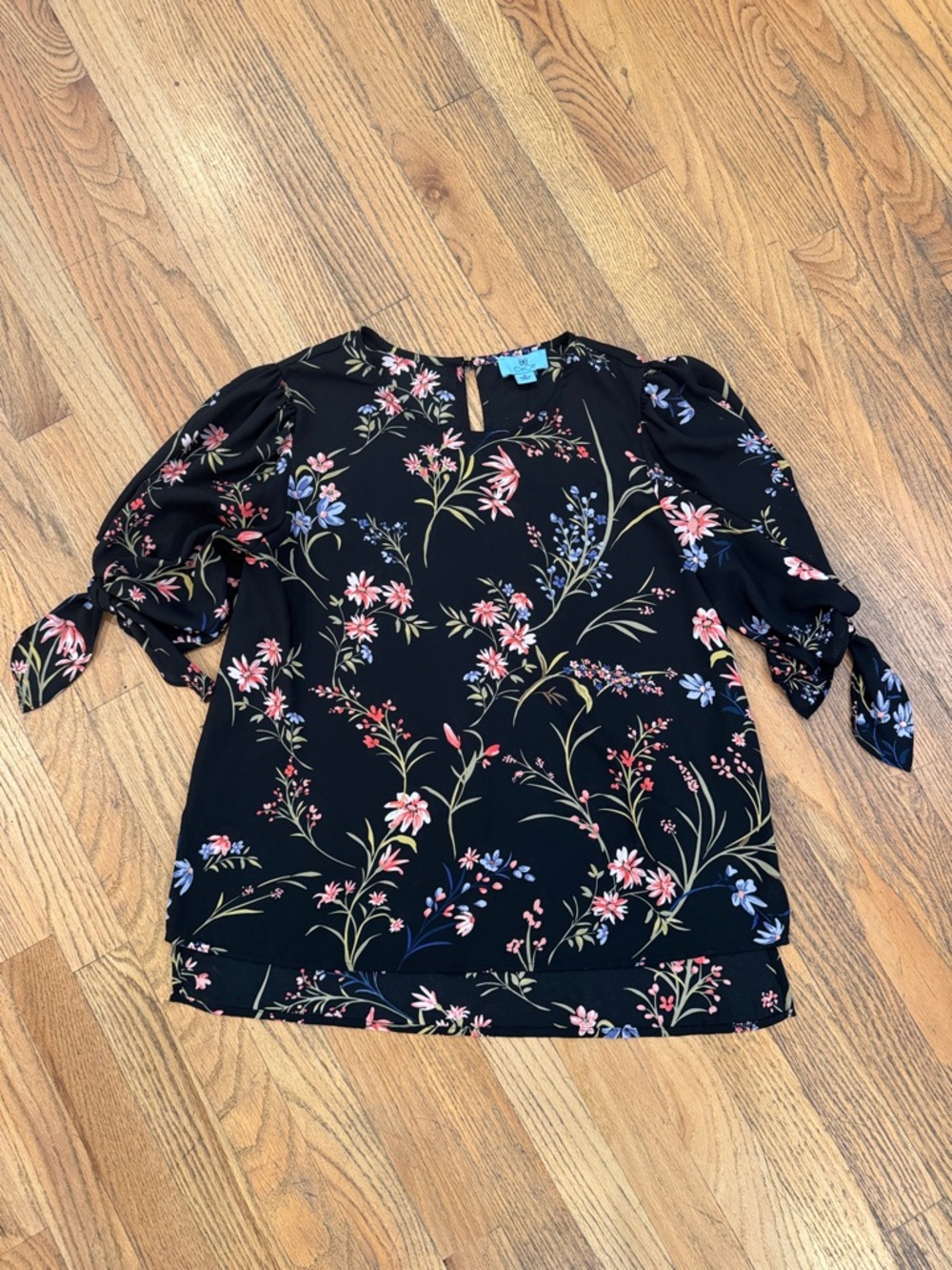 CeCe Black Floral Tie-Sleeve Blouse with Pink & Blue Blooms
